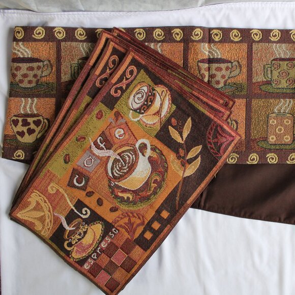 Tapestry Cafe/Coffee Cup Table Runner And 4 Placemats Lined - Picture 1 of 7
